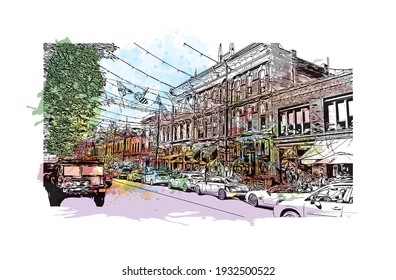 Building view with landmark of Denver is the 
city in Colorado. Watercolour splash with hand drawn sketch illustration in vector.
