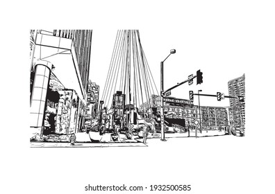 Building view with landmark of Denver is the 
city in Colorado. Hand drawn sketch illustration in vector.