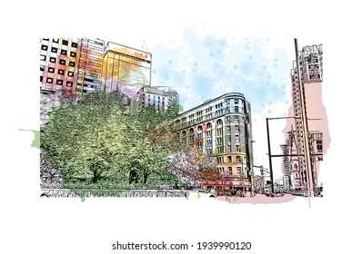 Building view with landmark of Denver is the 
city in Colorado. Watercolour splash with hand drawn sketch illustration in vector.