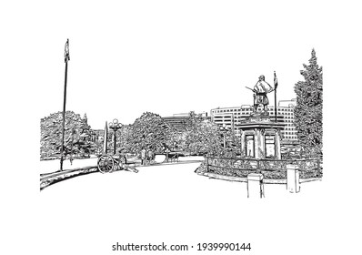Building view with landmark of Denver is the 
city in Colorado. Hand drawn sketch illustration in vector.