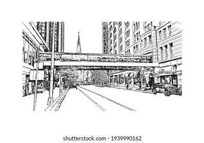 Building view with landmark of Denver is the 
city in Colorado. Hand drawn sketch illustration in vector.