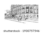 Building view with landmark of Derry is a city in Northern Ireland. Hand drawn sketch illustration in vector.