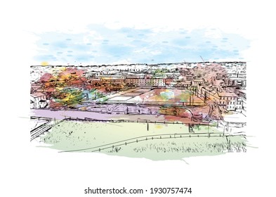 Building view with landmark of Derry is a city in Northern Ireland. Watercolour splash with hand drawn sketch illustration in vector.