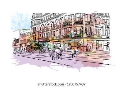 Construir vistas a los monumentos de Derry es una ciudad en Irlanda del Norte. Salto de color de agua con ilustración de esbozo dibujada a mano en vector.