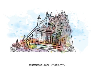 Building view with landmark of Derry is a city in Northern Ireland. Watercolour splash with hand drawn sketch illustration in vector.
