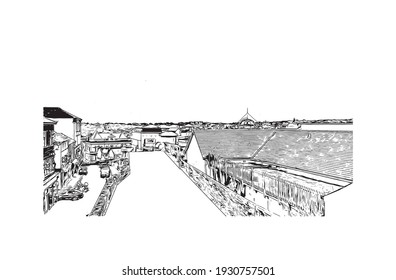 Building view with landmark of Derry is a city in Northern Ireland. Hand drawn sketch illustration in vector.