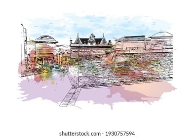 Building view with landmark of Derry is a city in Northern Ireland. Watercolour splash with hand drawn sketch illustration in vector.