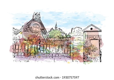 Construir vistas a los monumentos de Derry es una ciudad en Irlanda del Norte. Salto de color de agua con ilustración de esbozo dibujada a mano en vector.