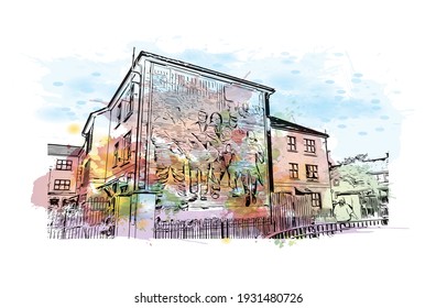 Building view with landmark of Derry is the
city in Northern Ireland. Watercolour splash with hand drawn sketch illustration in vector.