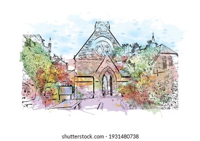 Building view with landmark of Derry is the
city in Northern Ireland. Watercolour splash with hand drawn sketch illustration in vector.