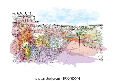 Building view with landmark of Derry is the
city in Northern Ireland. Watercolour splash with hand drawn sketch illustration in vector.