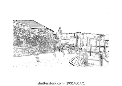 Building view with landmark of Derry is the
city in Northern Ireland. Hand drawn sketch illustration in vector.