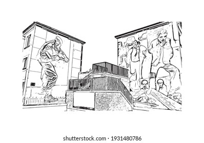 Building view with landmark of Derry is the
city in Northern Ireland. Hand drawn sketch illustration in vector.