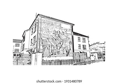 Building view with landmark of Derry is the
city in Northern Ireland. Hand drawn sketch illustration in vector.