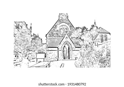 Building view with landmark of Derry is the
city in Northern Ireland. Hand drawn sketch illustration in vector.