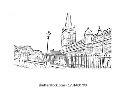 Building view with landmark of Derry is the
city in Northern Ireland. Hand drawn sketch illustration in vector.
