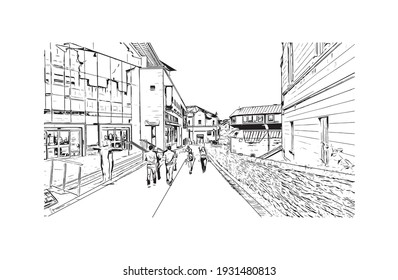 Building view with landmark of Derry is the
city in Northern Ireland. Hand drawn sketch illustration in vector.