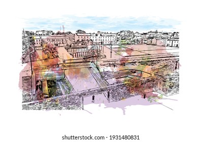 Building view with landmark of Derry is the
city in Northern Ireland. Watercolour splash with hand drawn sketch illustration in vector.