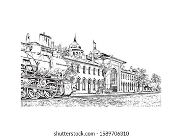 Building view with landmark of Description Edirne is a city in the northwest of Turkey. Hand drawn sketch illustration in vector.