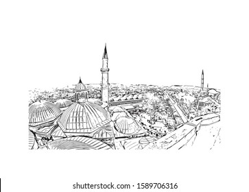 Building view with landmark of Description Edirne is a city in the northwest of Turkey. Hand drawn sketch illustration in vector.