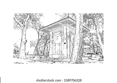 Building view with landmark of Description Edirne is a city in the northwest of Turkey. Hand drawn sketch illustration in vector.