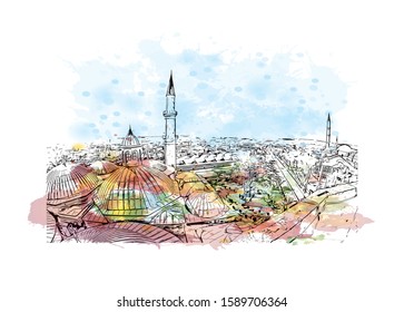 Building view with landmark of Description Edirne is a city in the northwest of Turkey. Watercolor splash with Hand drawn sketch illustration in vector.