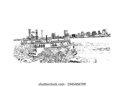 Building view with landmark of Detroit is the 
city in Michigan. Hand drawn sketch illustration in vector.