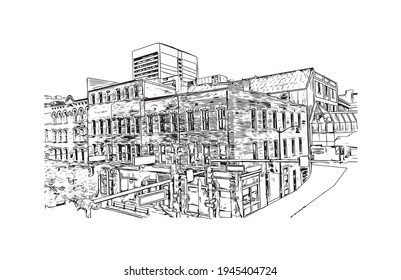 Building view with landmark of Detroit is the 
city in Michigan. Hand drawn sketch illustration in vector.