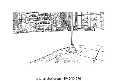Building view with landmark of Detroit is the 
city in Michigan. Hand drawn sketch illustration in vector.