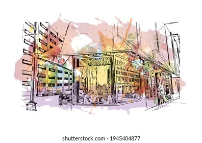 Building view with landmark of Detroit is the 
city in Michigan. Watercolour splash with hand drawn sketch illustration in vector.