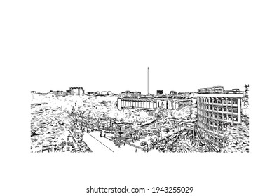 Building view with landmark of Dhaka is the capital city of Bangladesh. Hand drawn sketch illustration in vector.