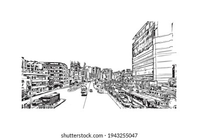 Building View With Landmark Of Dhaka Is The Capital City Of Bangladesh. Hand Drawn Sketch Illustration In Vector.