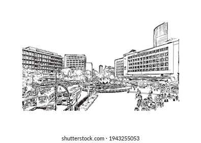 Building View With Landmark Of Dhaka Is The Capital City Of Bangladesh. Hand Drawn Sketch Illustration In Vector.