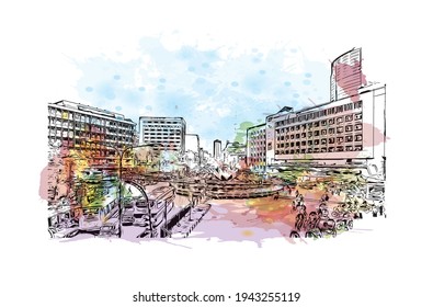 Building View With Landmark Of Dhaka Is The Capital City Of Bangladesh. Watercolour Splash With Hand Drawn Sketch Illustration In Vector.