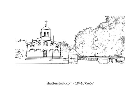 Building view with landmark of Dhule is the 
city in India. Hand drawn sketch illustration in vector.