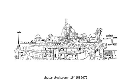 Building view with landmark of Dhule is the 
city in India. Hand drawn sketch illustration in vector.