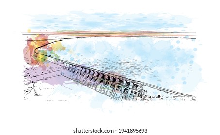 Building view with landmark of Dhule is the 
city in India. Watercolour splash with hand drawn sketch illustration in vector.