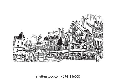 Building view with landmark of Dijon is the 
commune in France. Hand drawn sketch illustration in vector.