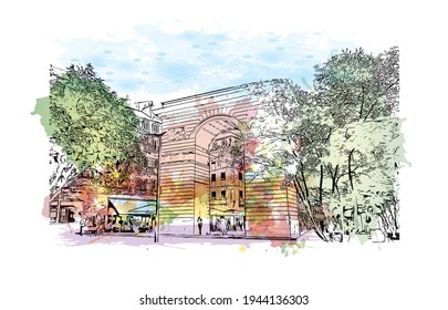 Building view with landmark of Dijon is the 
commune in France. Watercolour splash with hand drawn sketch illustration in vector.