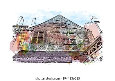 Building view with landmark of Dijon is the 
commune in France. Watercolour splash with hand drawn sketch illustration in vector.