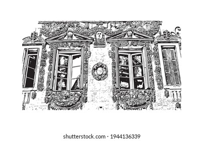Building view with landmark of Dijon is the 
commune in France. Hand drawn sketch illustration in vector.