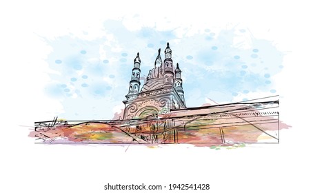 Building view with landmark of Dimapur is a city in India. Watercolour splash with hand drawn sketch illustration in vector.