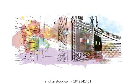 Building view with landmark of Dimapur is a city in India. Watercolour splash with hand drawn sketch illustration in vector.