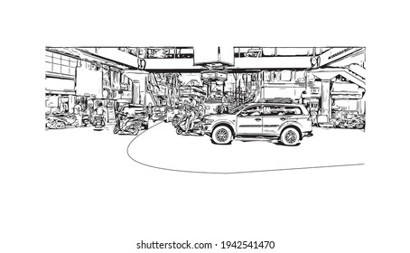 Building view with landmark of Dimapur is a city in India. Hand drawn sketch illustration in vector.