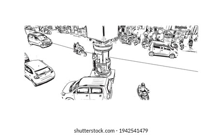 Building view with landmark of Dimapur is a city in India. Hand drawn sketch illustration in vector.