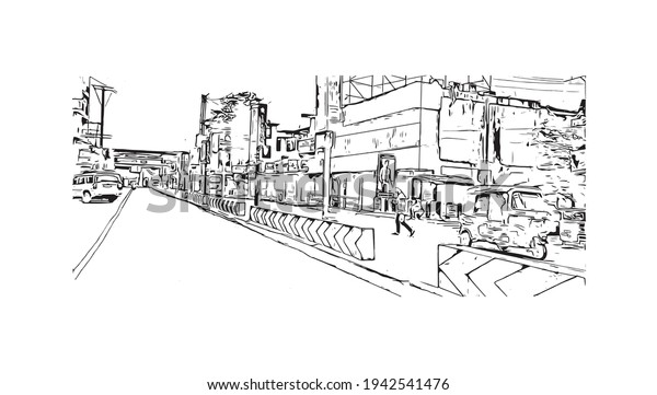 Building view with landmark of\
Dimapur is a city in India. Hand drawn sketch illustration in\
vector.