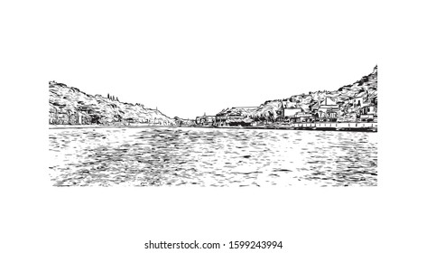 Building view with landmark of Dinant is a city in Belgium’s Walloon Region. Hand drawn sketch illustration in vector.