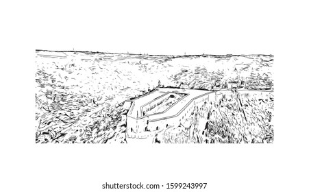 Building view with landmark of Dinant is a city in Belgium’s Walloon Region. Hand drawn sketch illustration in vector.
