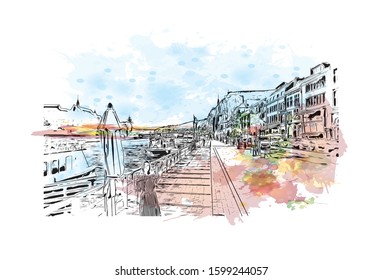 Building view with landmark of Dinant is a city in Belgium’s Walloon Region. Watercolor splash with Hand drawn sketch illustration in vector.
