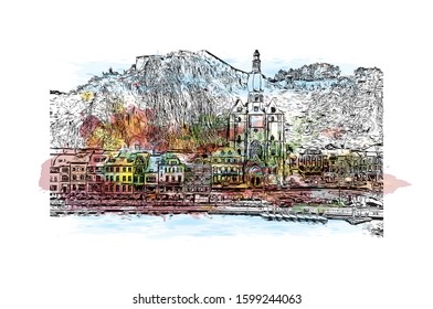 Building view with landmark of Dinant is a city in Belgium’s Walloon Region. Watercolor splash with Hand drawn sketch illustration in vector.